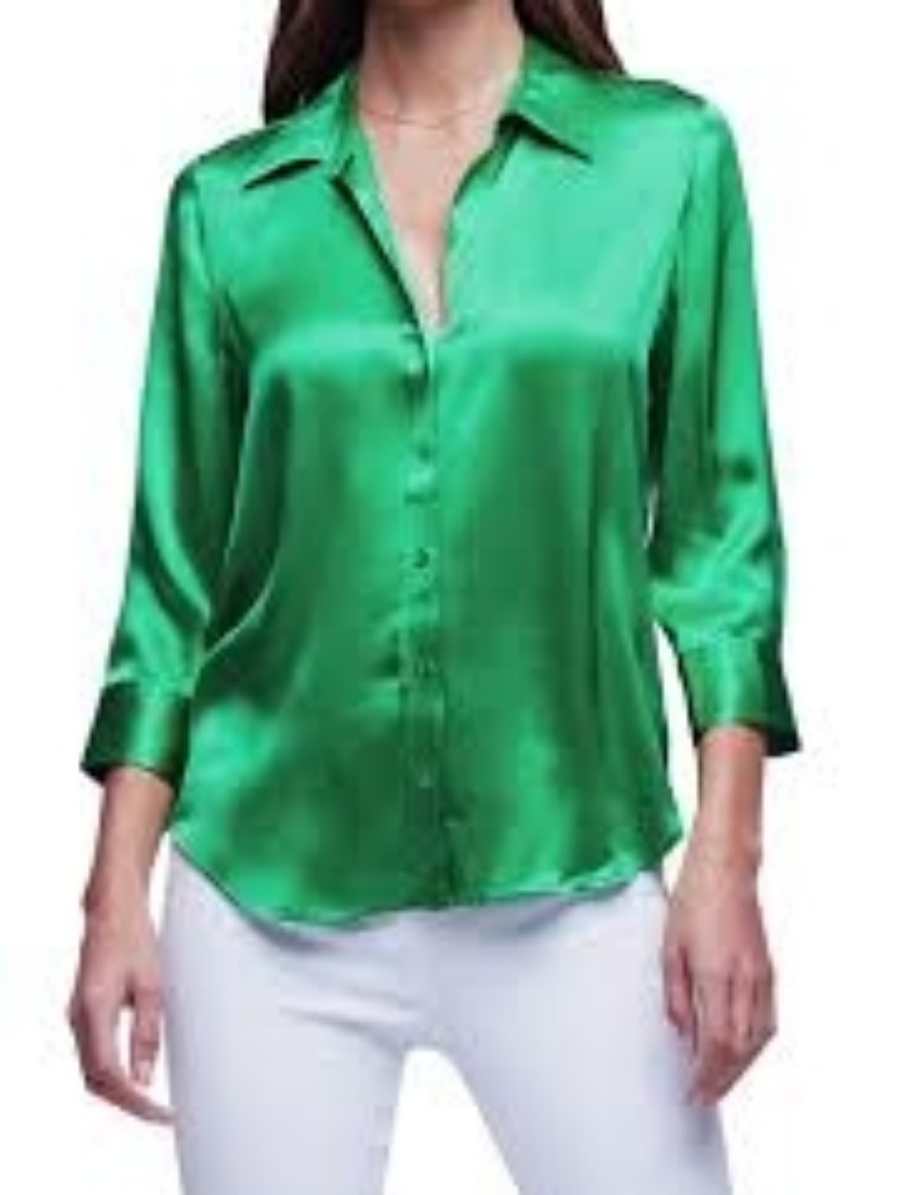 Women’s Green Satin Button-Up Blouse - Picture 4 of 9